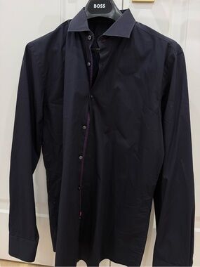 BOSS Men's Dark Navy Long-Sleeve Shirt Jacket with Purple Trim